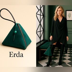 Erda Green Pyramid Leather Handbag Unique Geometric Purse Chic Fall Bag Size OS